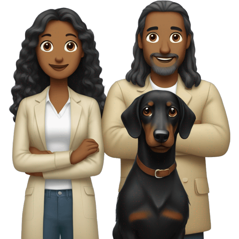 Woman and man with two long-haired black dachshunds emoji