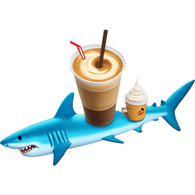 Shark on a surfboard With an iced coffee in his fin emoji