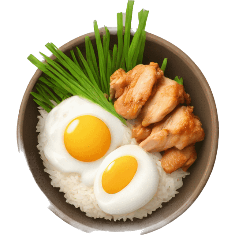 a bowl of rice with two eggs and chicken thigh upright emoji