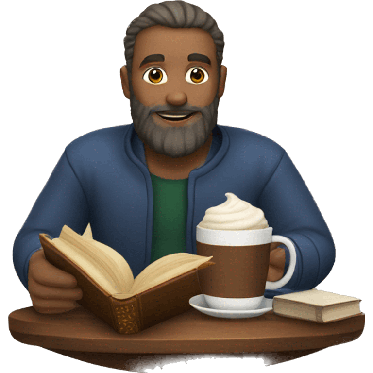 A man with a beard drinking hot cocoa with a book emoji