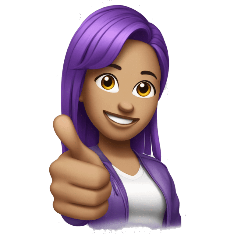 A light skinned female hip hop dancer with purple hair doing a thumbs up emoji