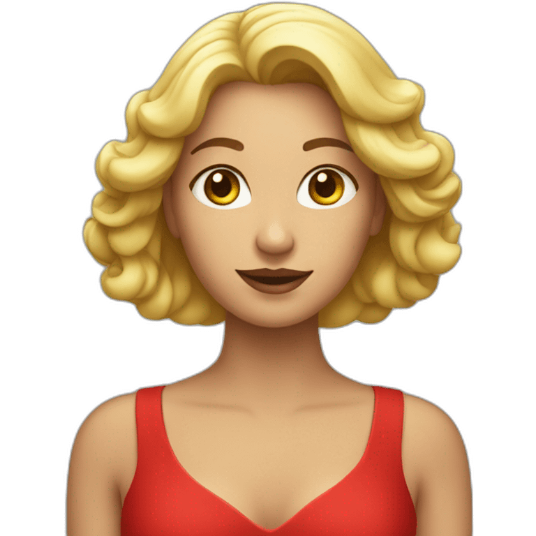 woman in red dress holding apple emoji