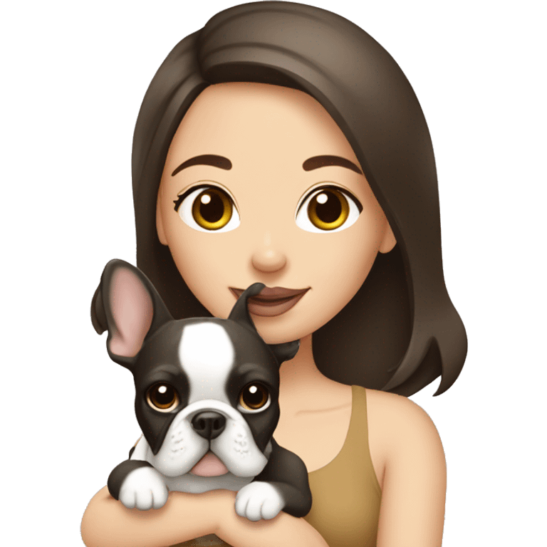 brunette girl holding cream colored french bulldog  emoji