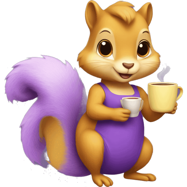 purple squirrel in a yellow dress with a mug of coffee in its paws emoji