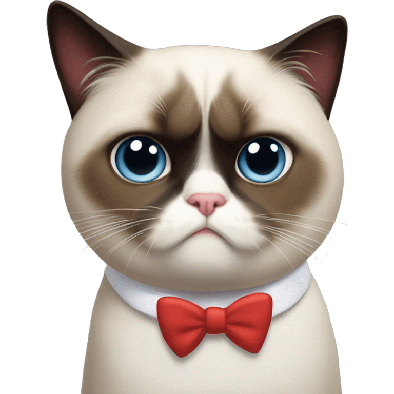 Grumpy cat with mostly black face but a white chin, wearing a red bow tie  emoji