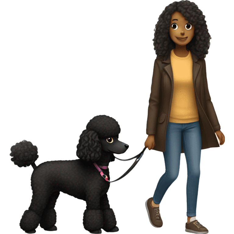 3 legs One Small unshaved Black Poodle with brown harness is walking with a black long hair pretty girl emoji