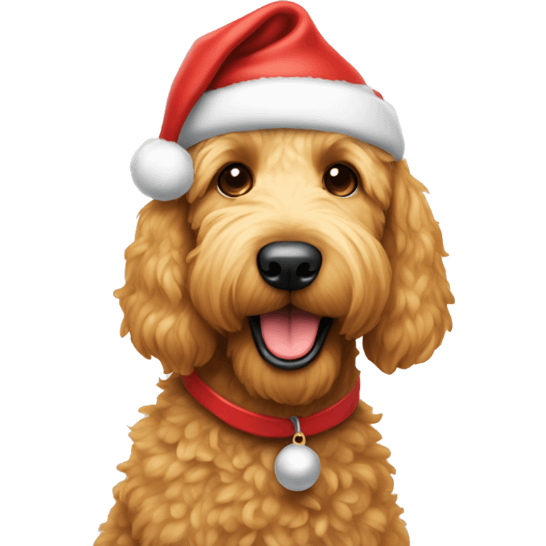 Golden doodle wearing a Santa hat emoji