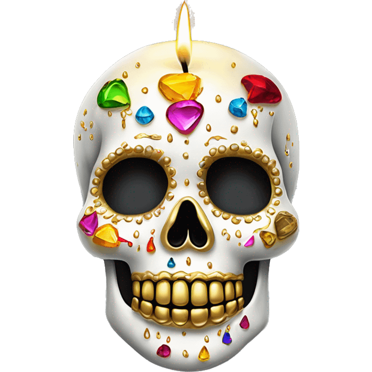 Realistic white sugar skull decorated with colorful rhinestones with a metallic gold candle on top of its head dripping down melted metallic gold wax down the skull emoji