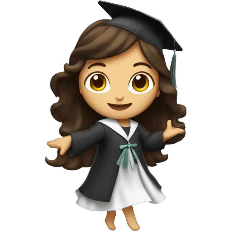 Girl with long dark brown hair dancing celebrating graduation from cooking school emoji