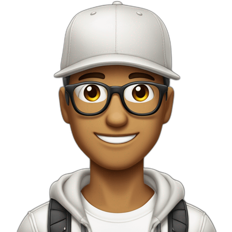 Chico con pecas y gorra cool tez blanca con lentes cool y look urbano ojos color café claro , bonita sonrisa corte de cabello cómo hongo emoji