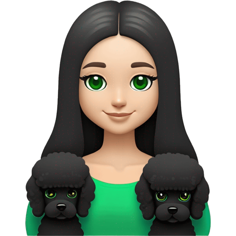 girl with long straight brunette hair and green eyes with black little poodle emoji