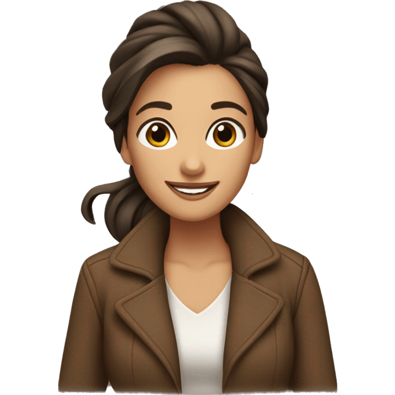 woman, brown and long hair, hair up to left side, smiling, big eyes, brown jacket, brown eyes emoji