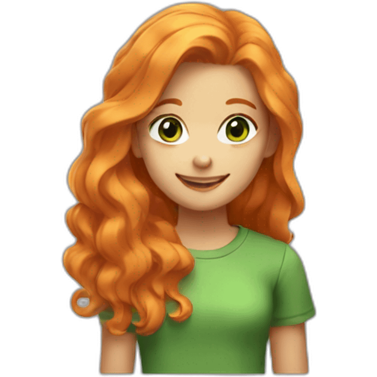 Cute girl with wave very long orange hair. green eyes, gold e and a green shirt. She is smiling emoji