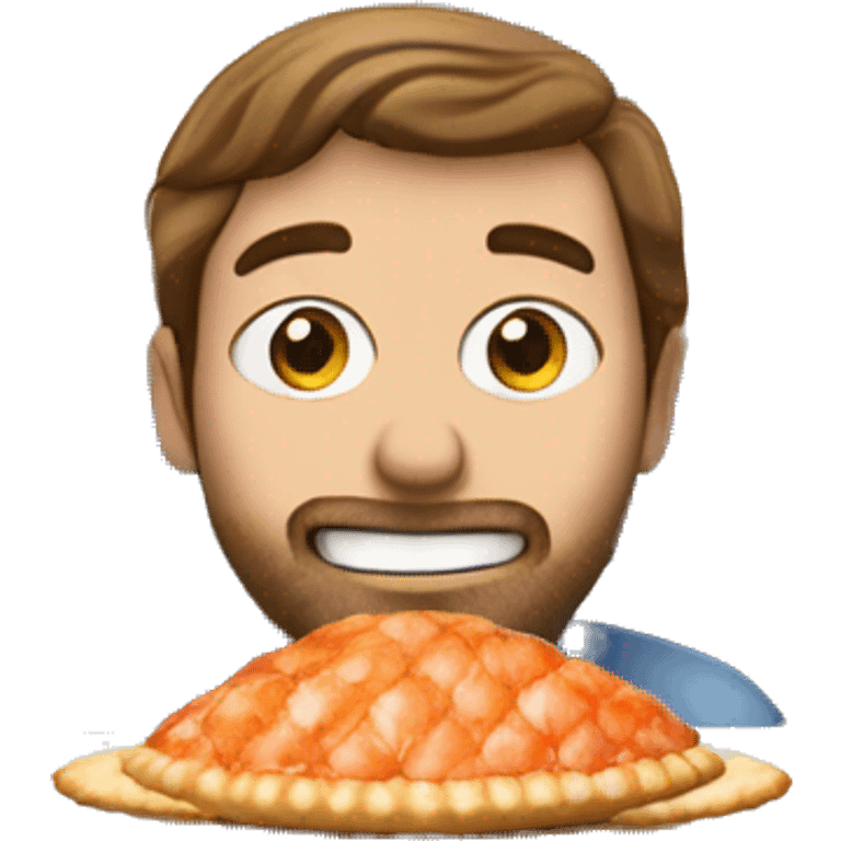 Brown haired norwegian guy eating a tarte shell with shrimps while watchinc Maskorama on tv emoji