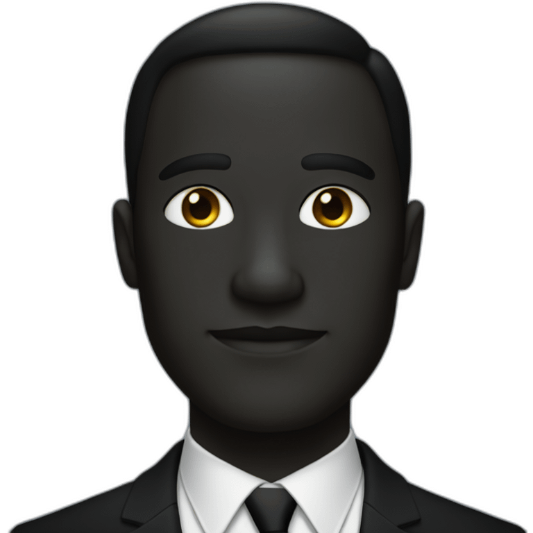 Man with cobalt black skin wearing a black formal suit with a black tie, co emoji