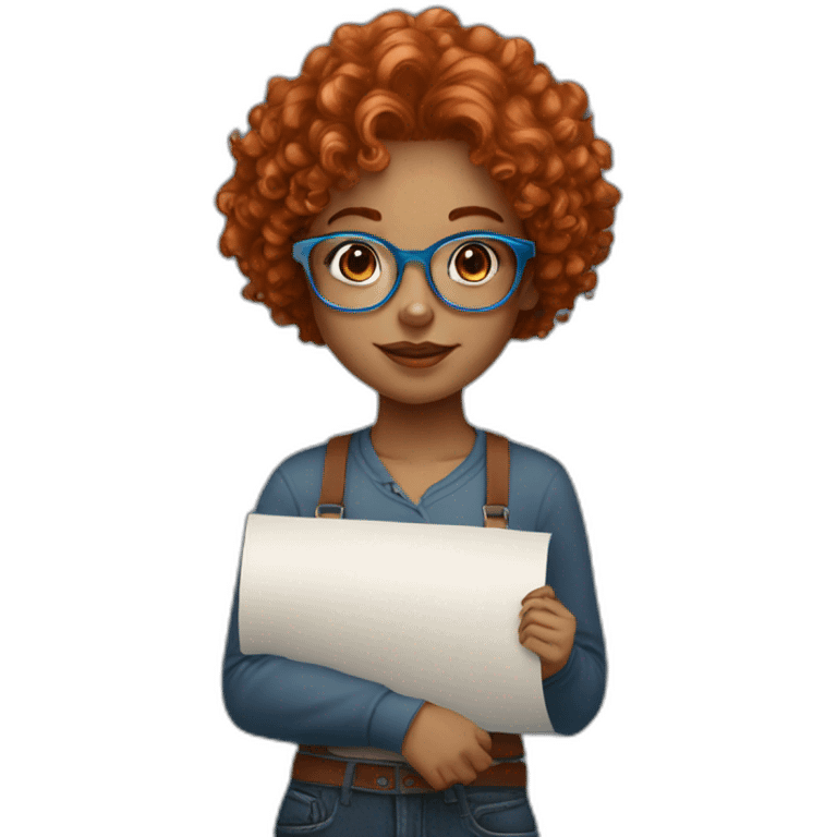 pretty girl with curly copper hair and blue glasses holding a big banner emoji