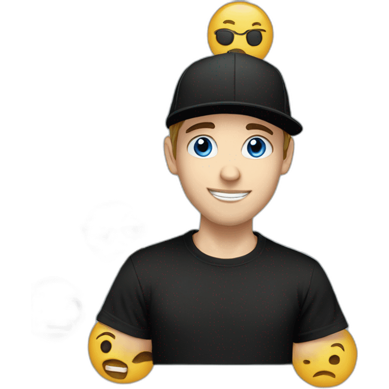 a blue-eyed white guy with dark hair in a black backward cap and in black anime printed t-shirt, vlogger emoji