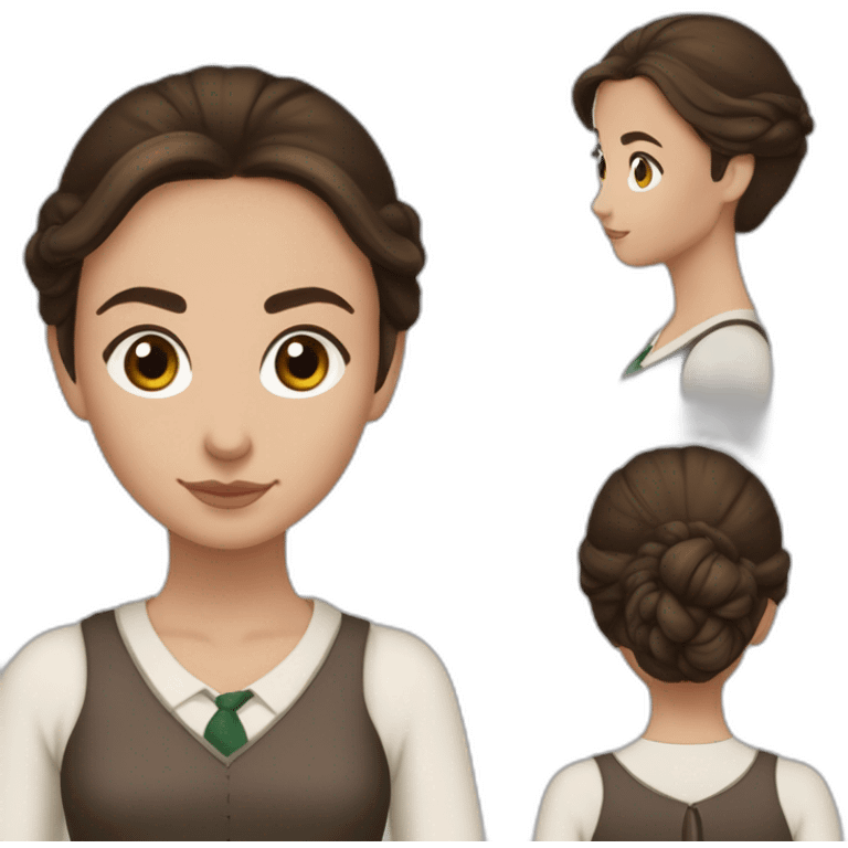 Fille brune aux yeux marron blanche de peau, un chignon et avec une tenue de la maison serpentard dans Harry potter emoji