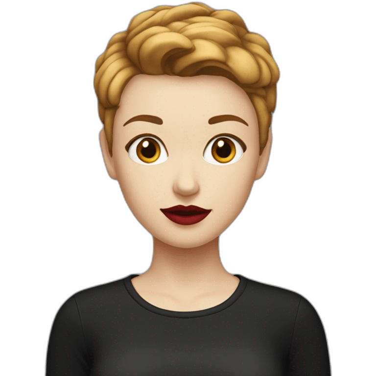 a white girl with burgundy short hair and red lips in a black T-shirt emoji