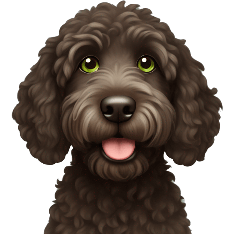 Very cute, Disney style, dark brown Labradoodle with green eyes and a little bit of white on her chest emoji