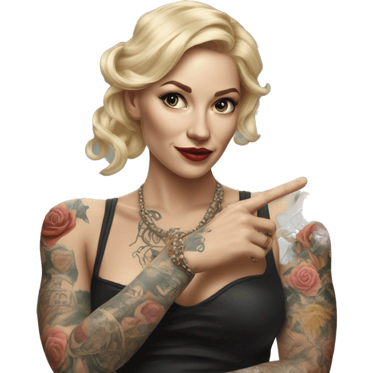 Blonde elegant women, her Body Covered with Tattoos, POINTING to YOU FORWARD with her ONE HAND , Hyper realistic emoji