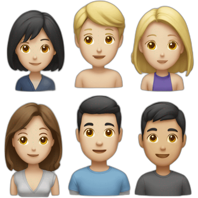 asian man, white woman, 2 boys and 1 girl. exactly 5 people. emoji