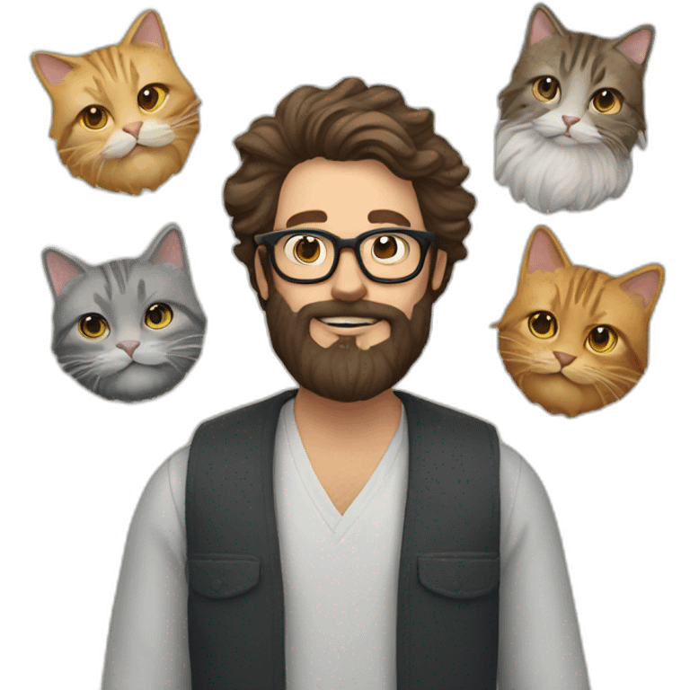 Long-haired, bearded man with glasses juggling four cats emoji