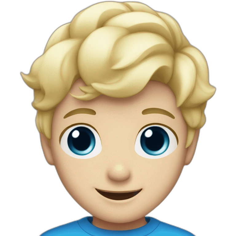 Blonde boy with medium short hair, blue eyes, waving hi to the camera emoji