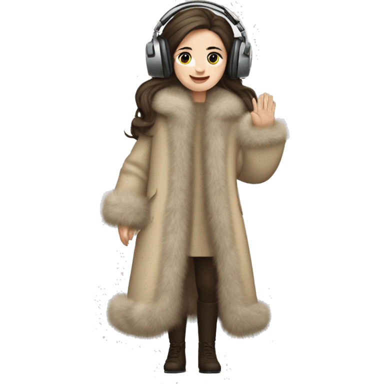 Posh pale long hair brunette girl in beige fur coat and fur headphones waving emoji