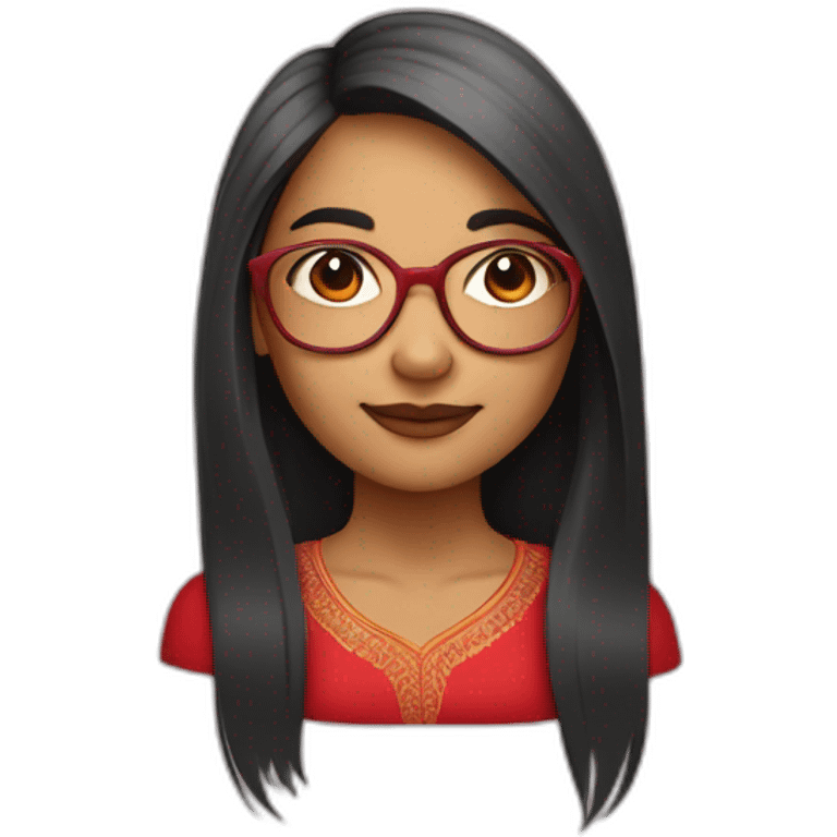 An Indian girl with a round face and straight long hair and old school transparent glasses. Wearing a red dress emoji