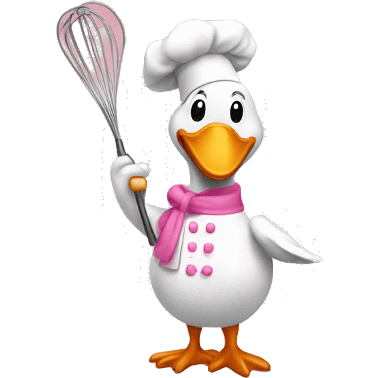 A happy goose dressed like a pink chef with one whisk in his hand emoji