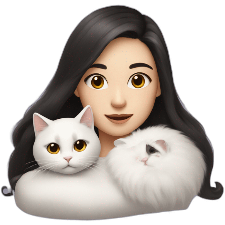 A girl with long dark hair and a white fluffy cat is lying on her left shoulder and neck emoji