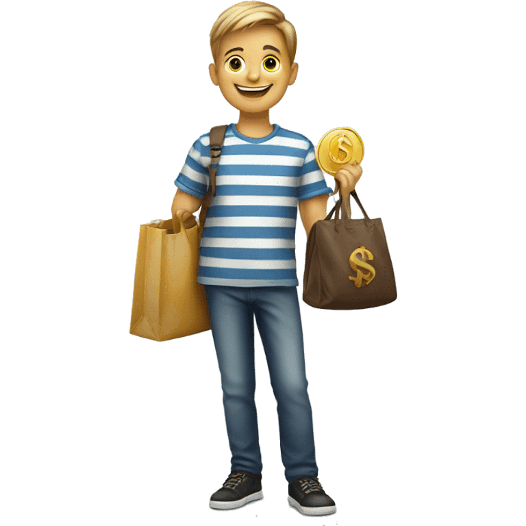 smiling boy in striped shirt holding a bag with a money symbol emoji