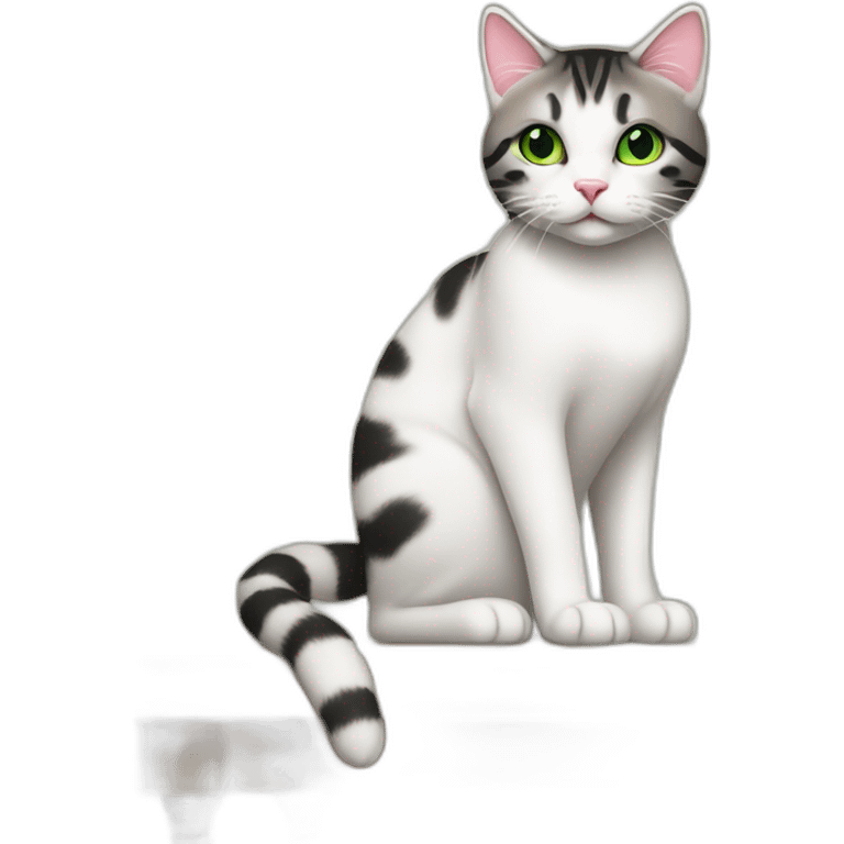 White and black tabby cat with green eyes and pink nose, sitting on light brownpiano emoji