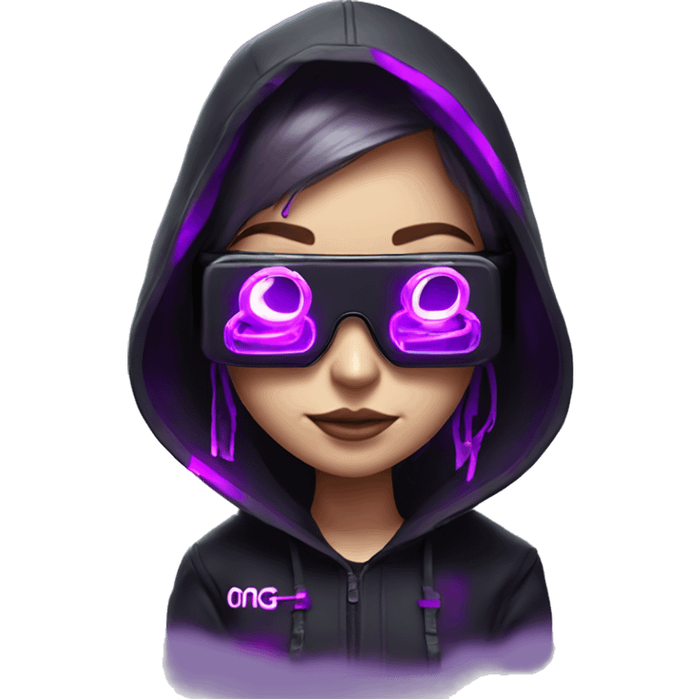 Russian girl wearing black hoody with violet letters "OMG", in vr headset. Cyberpunk style. Violet neon. emoji