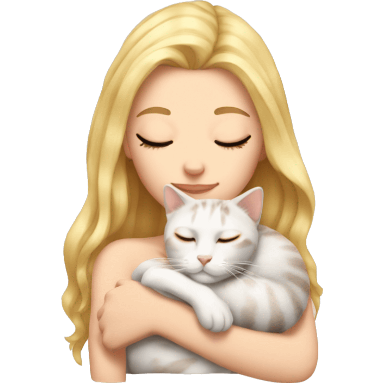 White girl blonde hair sleeping with calico kitty emoji