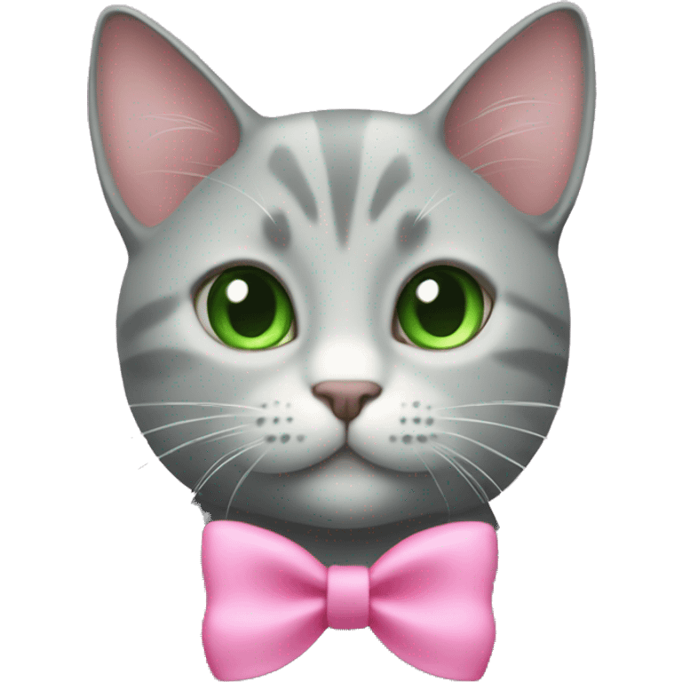 Light grey cat with a pink bow on top of its head and green eyes emoji