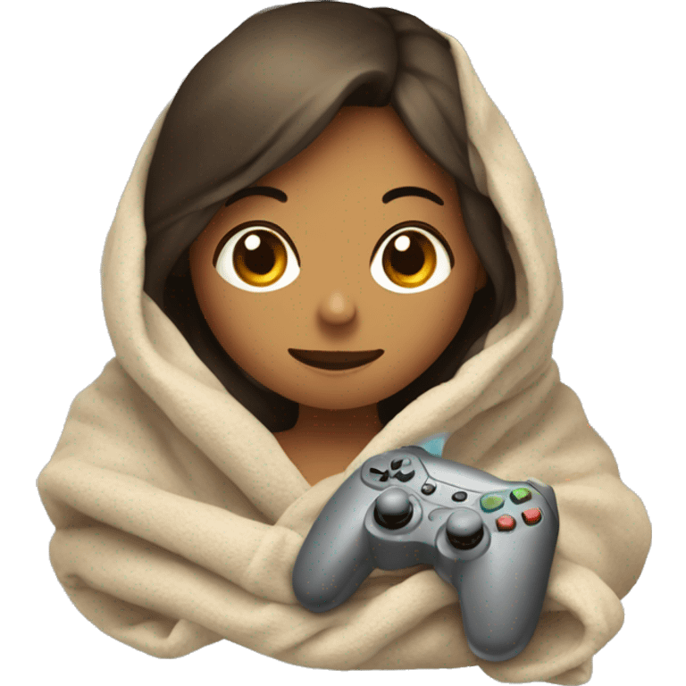 Girl wrapped up in a blanket with a gaming controller emoji