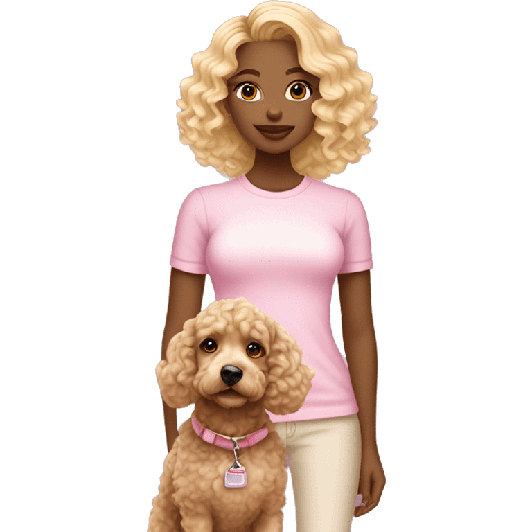 Blonde ombré girl with curly hair and soft pink lips taking a cockapoo for a walk emoji