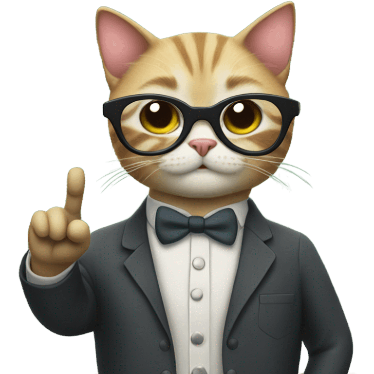 cat wearing glasses and a teacher's suit pointing to a blackboard emoji