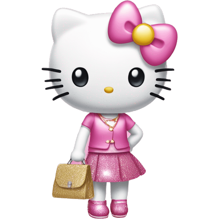 Twin hello kitty wearing pink skirt and glittery holding purse emoji