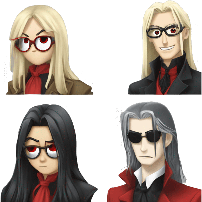 vampire, alucard, hellsing, long black hair, long bangs, red circular glasses, red coat, red tie, alucard hellsing emoji