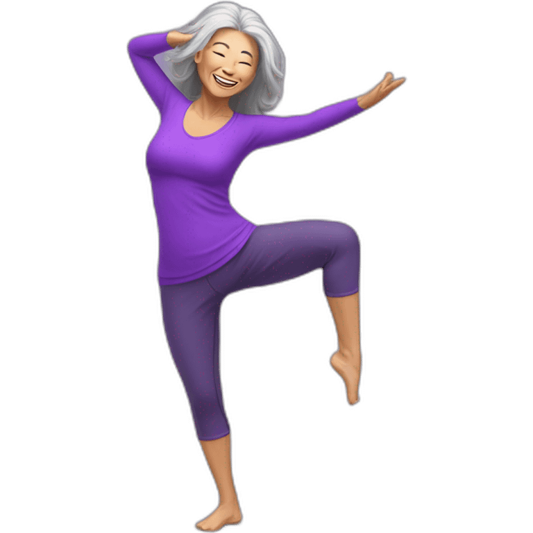 long hair asian senior woman in sexy purple yoga clothes dancing zumba emoji