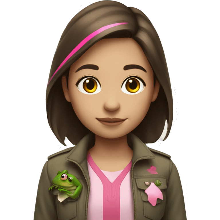 a girl who lives in brixton with medium length brown hair, with a line of pink streak through it, who is standing with a frog on her shoulder emoji