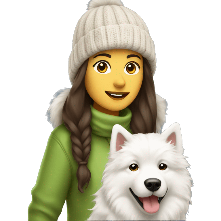 brunette female with knit hat walking a samoyed emoji