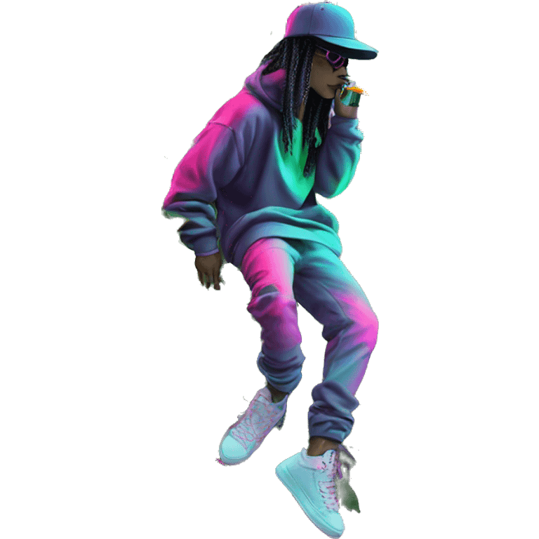 Multicoloured neon person smoking wearing hoodie dancing hip hop bucket hat tropical Skater fashion aesthetic baggy clothes graphic t shirt 420 emoji