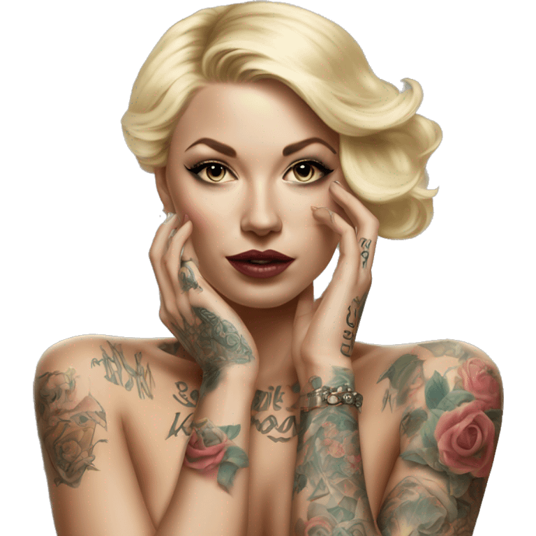 Blonde elegant women, her Body Covered with Tattoos, POINTING YOU with her HAND , Hyper realistic emoji