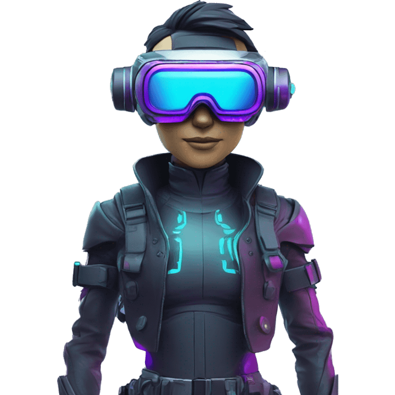 Secret human agent in a futuristic hat with in Apple VR goggles headset code display on the goggles , cyberpunk, cyan and purple colors, only upper body portrait, front facing the camera  emoji