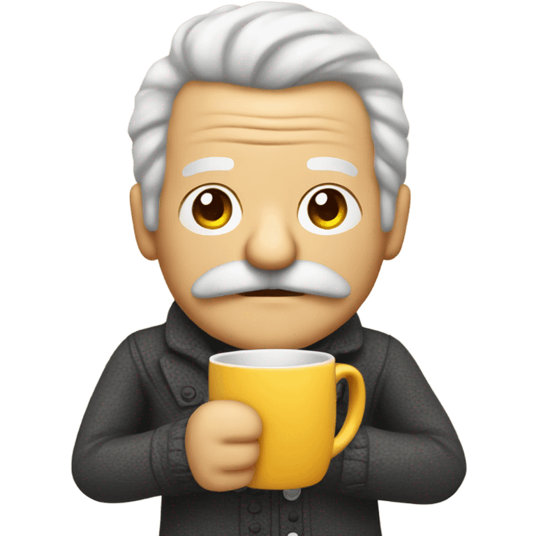 Old man with moustache emoji holding mug cozy pose emoji