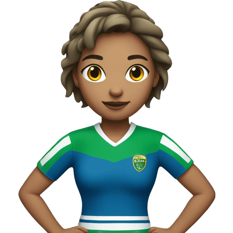 Girl wearing blue rugby sweater with two green stripes at the bottom emoji